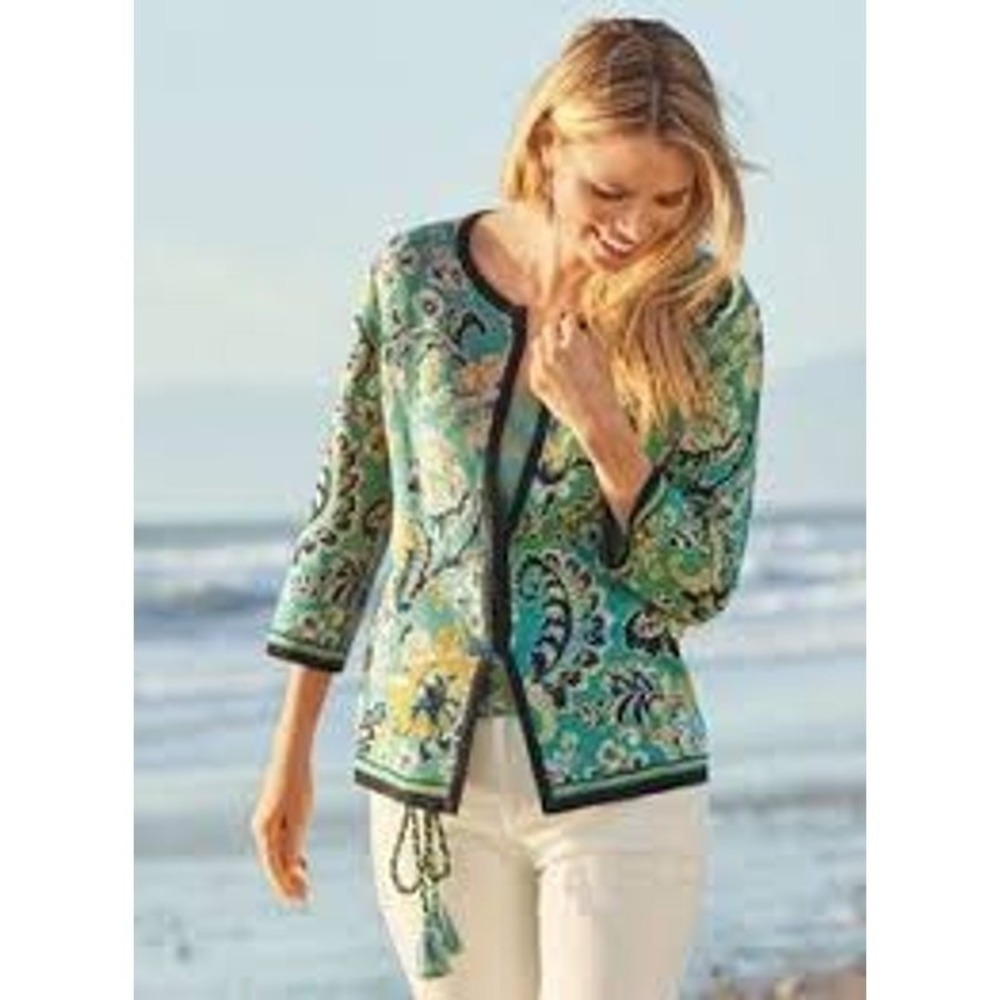 Peruvian Connection Jacquard Knit Jacket Floral Cardigan S 100% Pima Cotton Peru